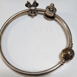 Pandora Moments Bangle with 2 Disney charms bundle size 7 IN